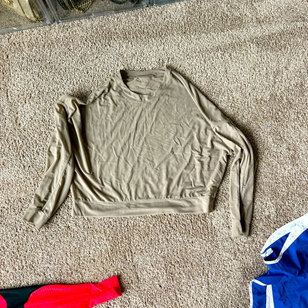 Alo mesh workout shirt, and Nike purple sweater